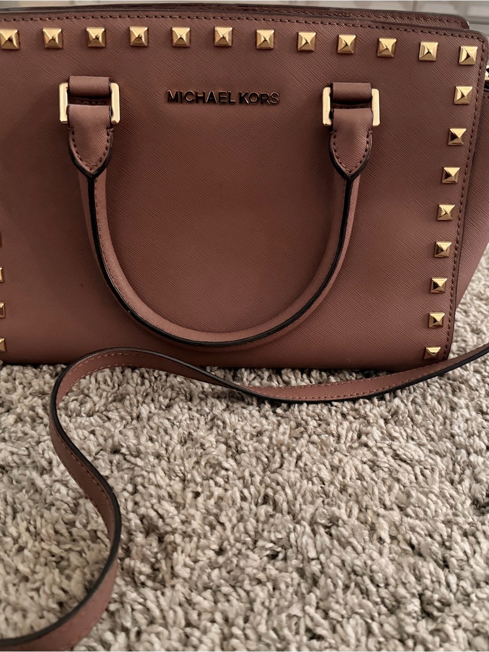 Michael Kors Authentic Chestnut Brown Studded Saffiano Satchel